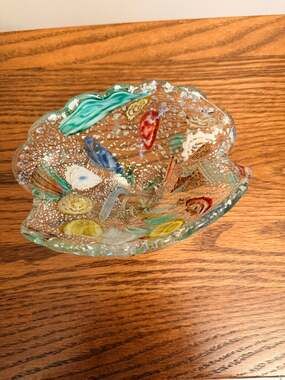 Vintage mid-century Murano art glass clam bowl. Multi-color "Tutti Frutti” Style